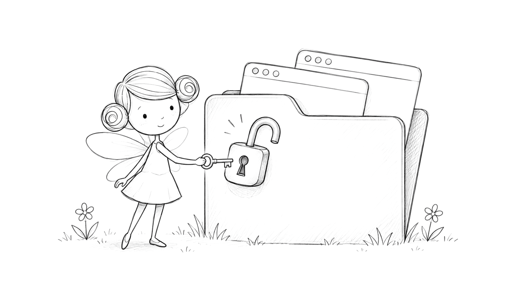 A fairy unlocks a folder containing browser windows.