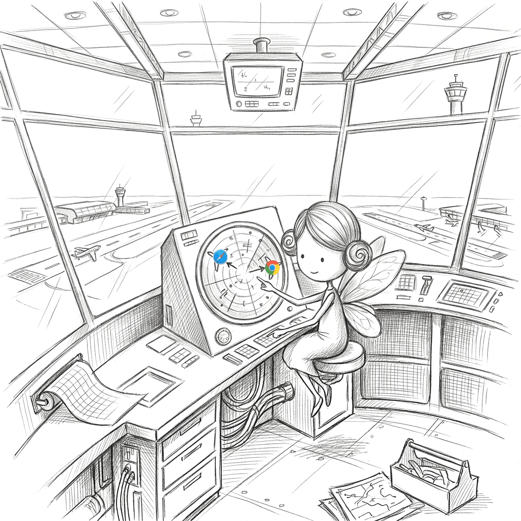 BrowserFairy illustration: a fairy directing traffic from a control tower