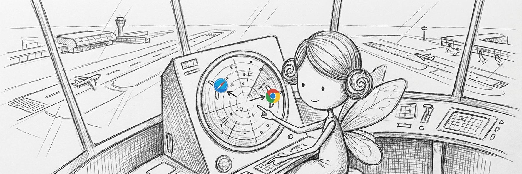 BrowserFairy illustration: a fairy directing traffic from a control tower