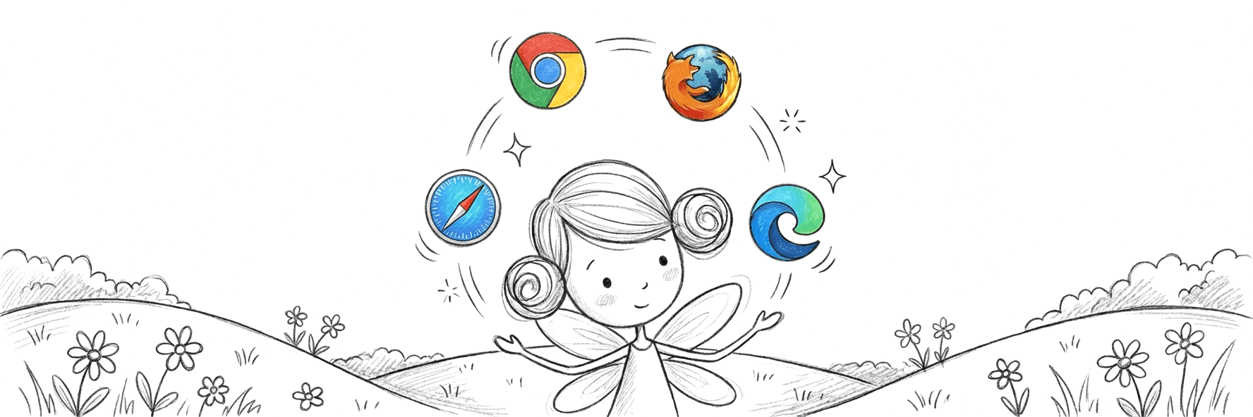 BrowserFairy illustration: a fairy juggling browser logos