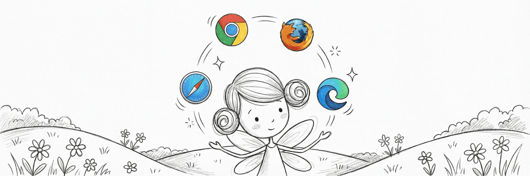 BrowserFairy-Illustration: eine Fee, die mit Browser-Logos jongliert