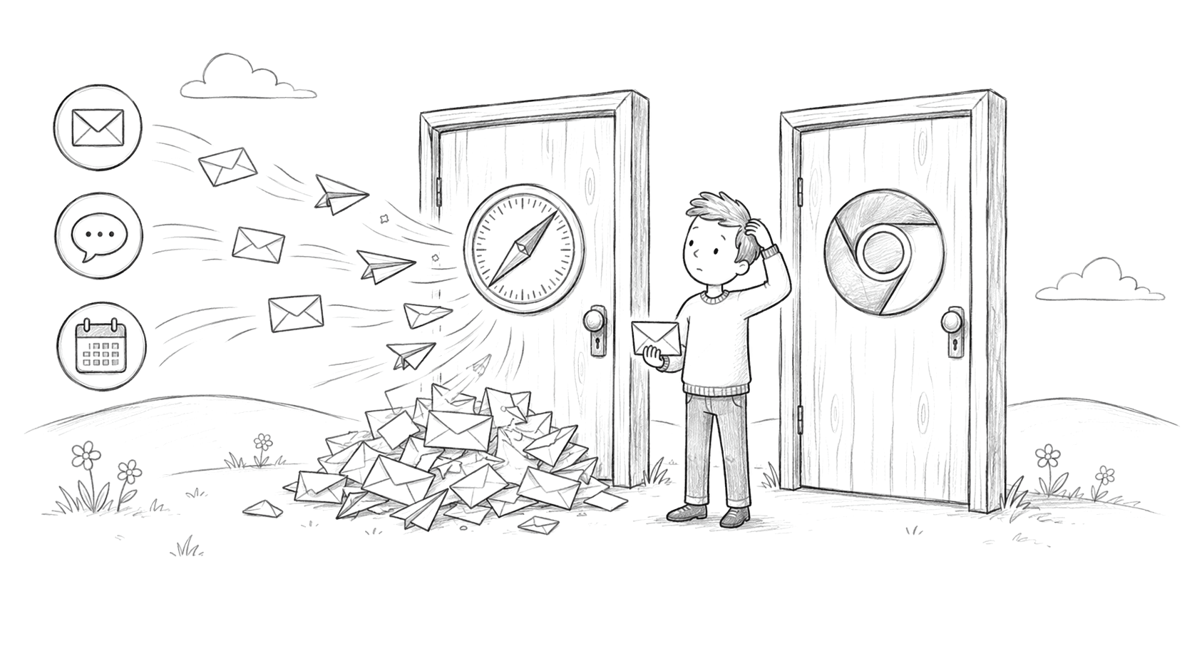 Links from Mail, chat, and a calendar all pile up at a Safari door while a Chrome door stands empty, and a man scratches his head between them.