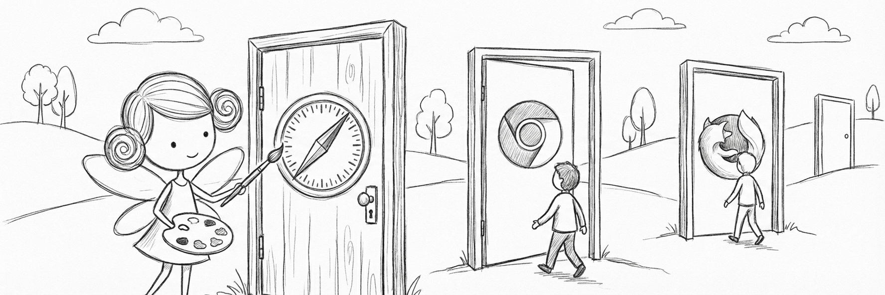 People walking through browser logo doors
