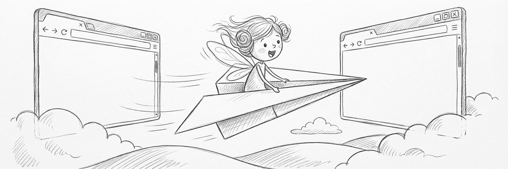 BrowserFairy illustration: a fairy sending off a paper airplane
