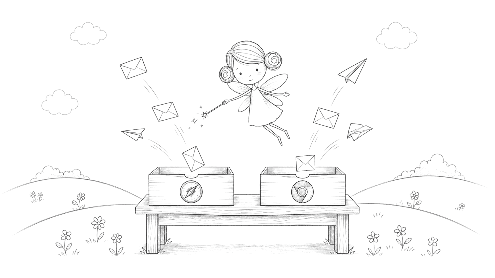The fairy hovers over a sorting table, waving envelopes and paper airplanes into a Safari slot and a Chrome slot.