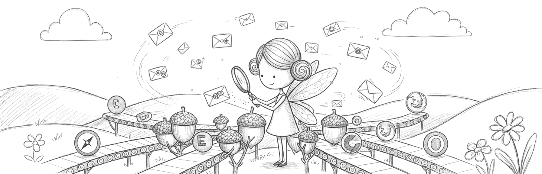 BrowserFairy illustration: a fairy sorting envelope links into the right browsers