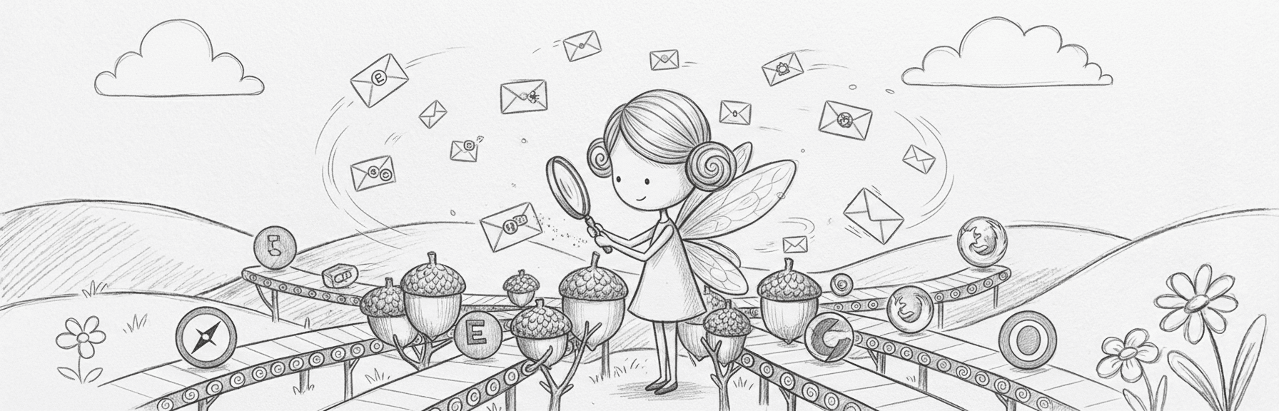 BrowserFairy-Illustration: eine Fee sortiert Umschlag-Links in die richtigen Browser