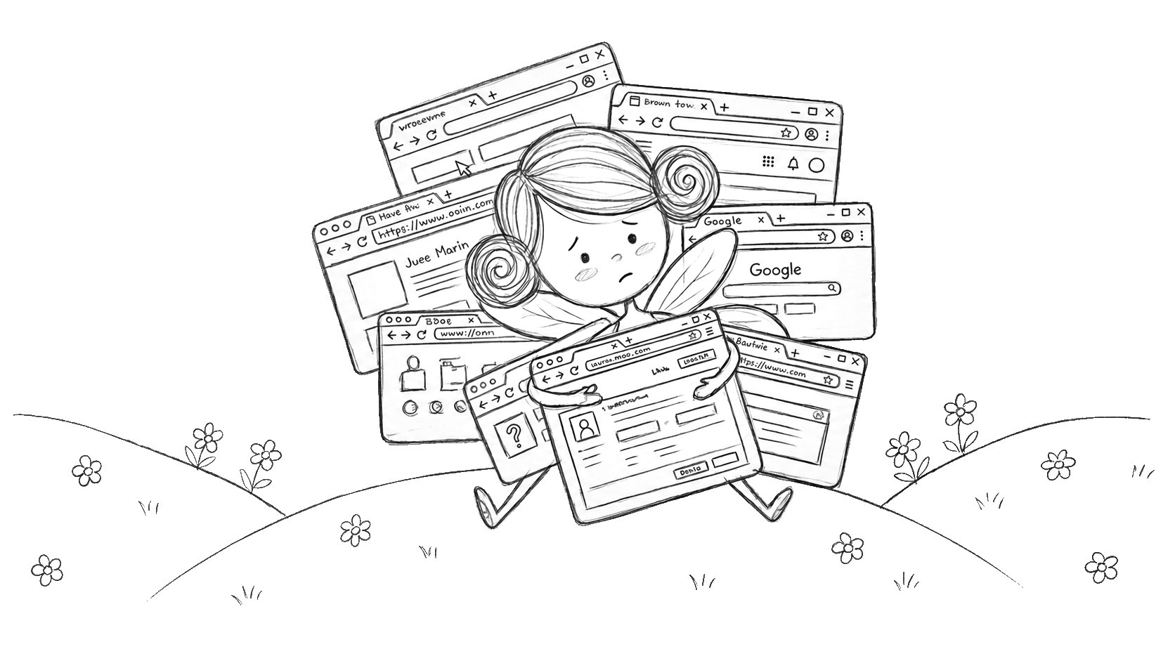 BrowserFairy illustration: tangled browser tabs