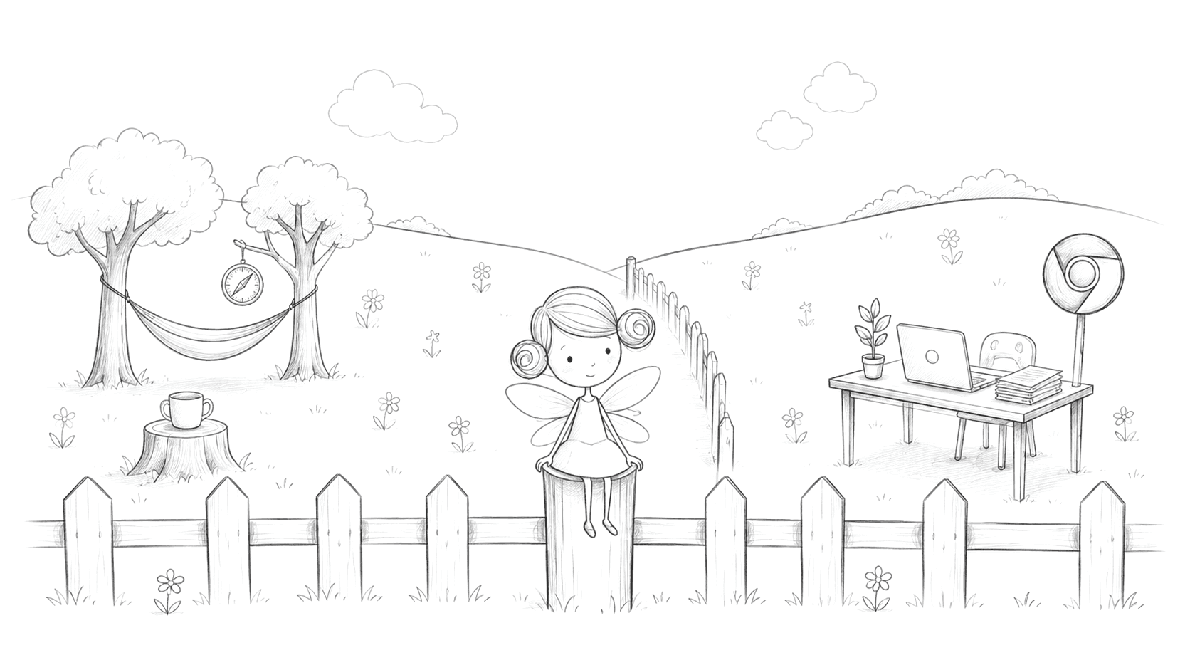 A fairy sits on a fence post between a personal side with a hammock and Safari, and a work side with a desk and Chrome.