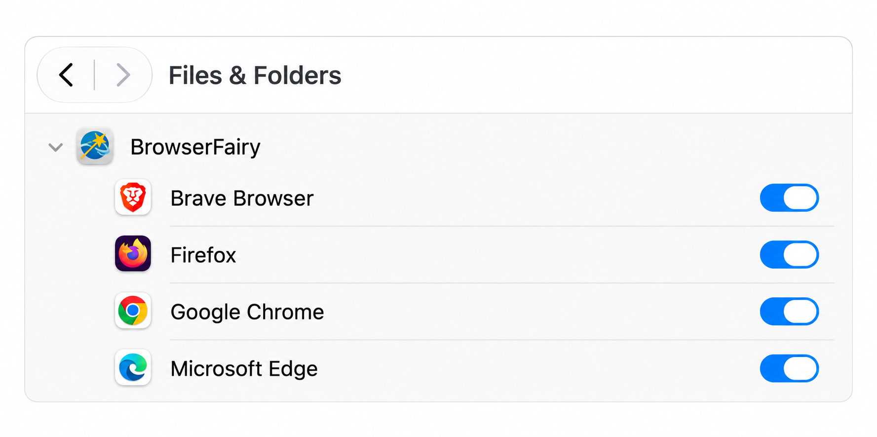 BrowserFairy's Files & Folders entry with access to Brave, Firefox, Chrome, and Edge enabled.