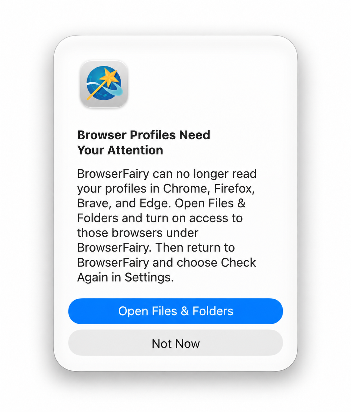 BrowserFairy's warning with the Open Files & Folders button.
